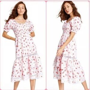 Loveshackfancy by target Charming White and Pink Puff Sleeve Midi Dress